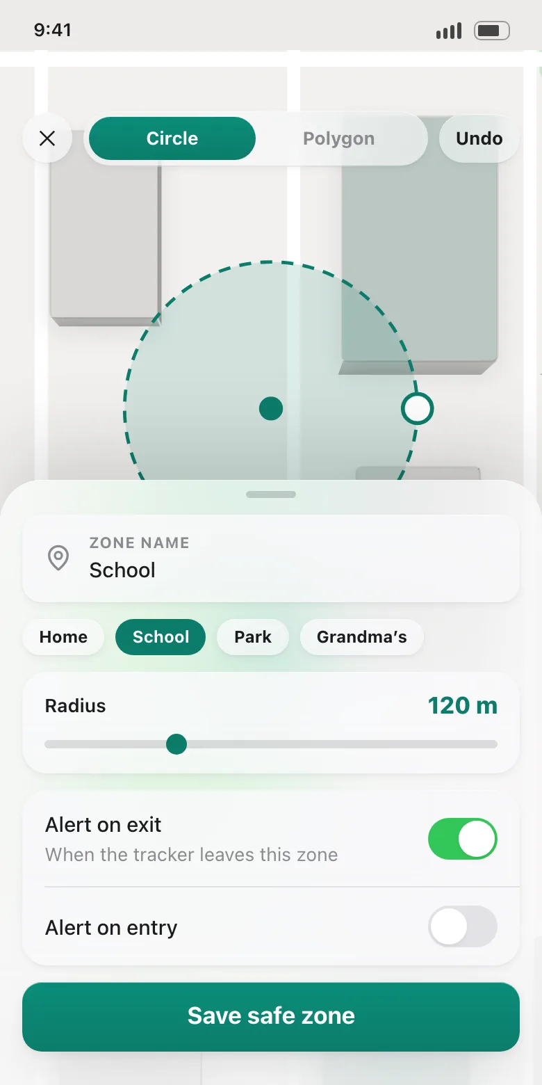 Drawing a new safe zone on the map around a chosen place.